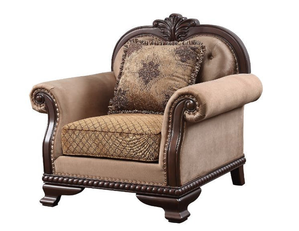 The Chateau De Ville sofa set surrounds you in a warm and cozy embrace. Wood carved details with nail-head accent embody a timeless look with an old world flair. Floral decorative pillows and upholstered cushions with tufted details soften the whole const