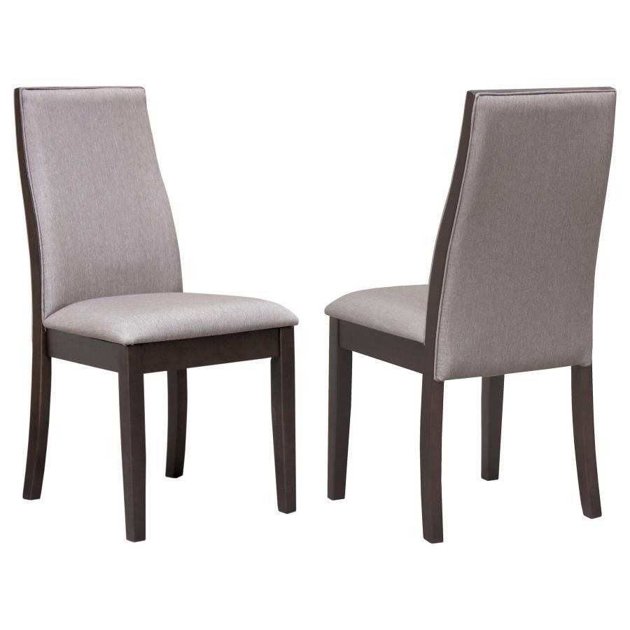 A sleek linear profile with slight contouring sets the stage for this elegant dining chair-'s fashionable style. Perfect for everyday dining, it delivers an air of sophistication and a beautifully neutral palette. Deep espresso finish wood construction wi