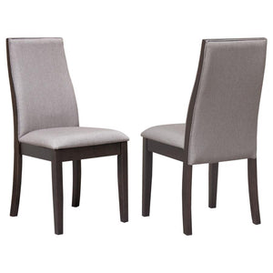 A sleek linear profile with slight contouring sets the stage for this elegant dining chair-'s fashionable style. Perfect for everyday dining, it delivers an air of sophistication and a beautifully neutral palette. Deep espresso finish wood construction wi