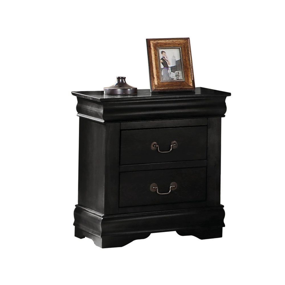 The Louis Philippe nightstand boasts engineered wood and veneer craftsmanship for enduring elegance. Brush nickel metal hardware adorns each of the drawer fronts and it-'s framed by crown molding detail.<br/><br/><b>Product Features</b><ul><li>Casegood Dr