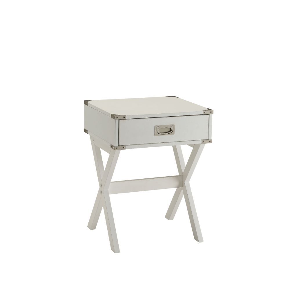 Bring the trending campaign style into your home with this updated Babs end table. With featuring of metal corner strapping and flush mount drawer pull which is true to the style. It is also offered in three colors to expand the options of this timeless d