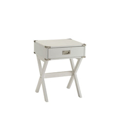 Bring the trending campaign style into your home with this updated Babs end table. With featuring of metal corner strapping and flush mount drawer pull which is true to the style. It is also offered in three colors to expand the options of this timeless d