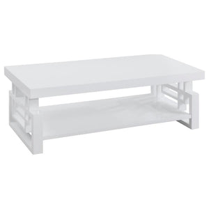 This modern rectangular coffee table adds sleek style to any living room. Crafted from durable engineered wood, it boasts a pristine white high-gloss finish that reflects light beautifully. The open shelf below offers practical storage, while the geometri