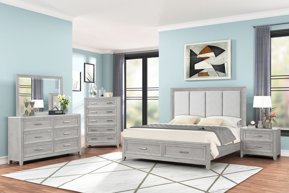 Discover the Fiona 5 Piece Bedroom Set, a collection that promises both style and functionality for your sanctuary. This suite features a storage bed with a plush upholstered headboard, designed for ultimate comfort and convenience. The suite is complemen