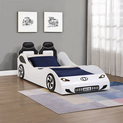 Raise up your child-'s imagination with the Colen collection car bed, available in sleek white and vibrant red finishes. Featuring a car seat style headboard with plush padding, this bed offers both comfort and style. The realistic wheel trim and LED ligh