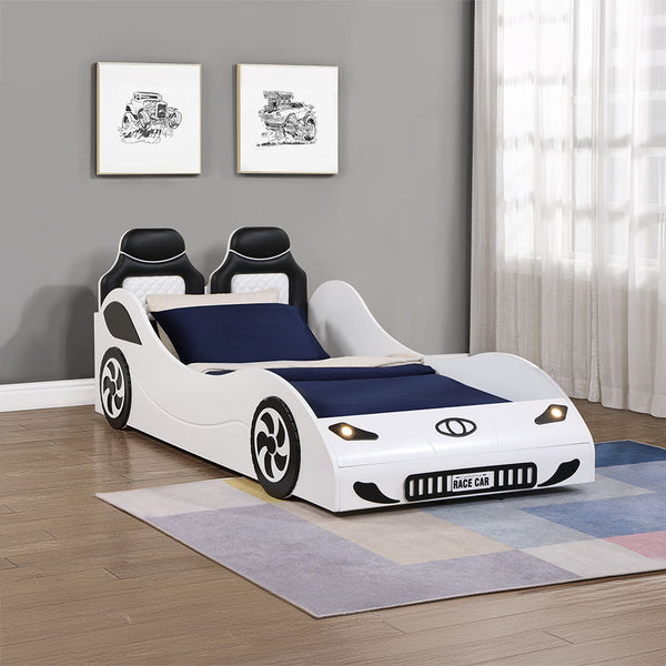 Raise up your child-'s imagination with the Colen collection car bed, available in sleek white and vibrant red finishes. Featuring a car seat style headboard with plush padding, this bed offers both comfort and style. The realistic wheel trim and LED ligh