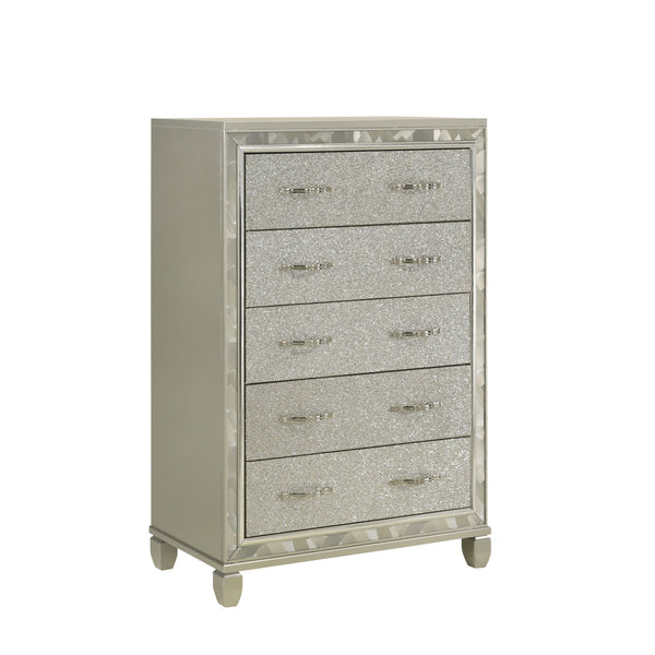 Introducing the Radiance 5 Drawer Chest in Platinum Silver, meticulously crafted for lasting stability and durability from a combination of Solid Rubberwood and manufactured woods. Its semi-gloss lacquer Platinum Silver finish lends a silky, modern touch 