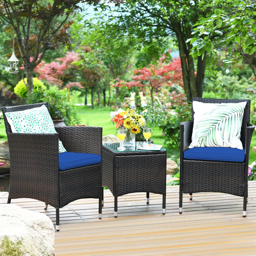 This item includes 2 rattan chairs(with cushions)  a coffee table and instruction<br>Rattan chair with comfortable cushions  adds elegance and practicality<br>The ergonomic armrest and the cradle-shape seat provide a relaxing zone<br>A coffee table with t