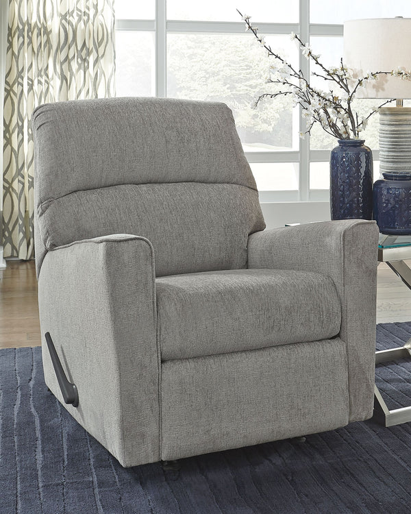  then this rocker recliner is the answer. Clean-lined profile is beautifully contemporary. Plush chenille fabric and plump cushioning make it so easy to comfortably kick up your heels. Richly neutral hue complements a variety of d