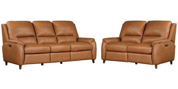 The Austin power reclining group is designed for ultimate comfort and convenience. It features independently operating power headrests and is upholstered in supple leather with a custom match. The modern high-leg design in a warm walnut finish gives it a 
