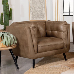  designed in an updated Chesterfield style complete with plush grid tufted seats and cushions upholstered in a soft and smooth brown microfiber le