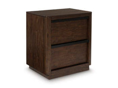 Casual contemporary styling with a decidedly modern vibe. This nightstand is warm and inviting with a rich dark brown finish, adorning your restful retreat with on-trend elegance. Full-length metal pulls in a matte black finish add a subtly cool touch to 