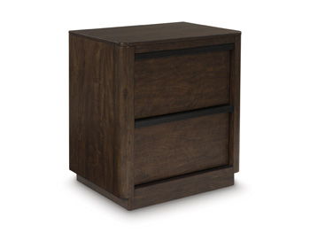 Casual contemporary styling with a decidedly modern vibe. This nightstand is warm and inviting with a rich dark brown finish, adorning your restful retreat with on-trend elegance. Full-length metal pulls in a matte black finish add a subtly cool touch to 