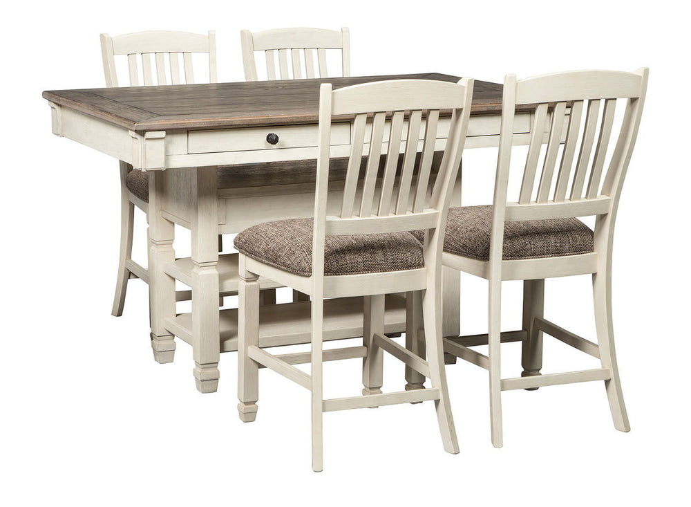 Unique two-tone finish with a combination of Oak and Acacia substrates combining a trendy textured antique white color with table and server tops finished in a textural weathered oak finish. Rectangular dining table features six convenient drawers for sto