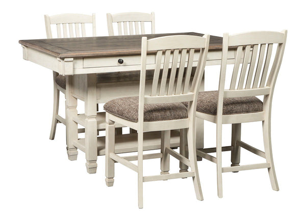 Unique two-tone finish with a combination of Oak and Acacia substrates combining a trendy textured antique white color with table and server tops finished in a textural weathered oak finish. Rectangular dining table features six convenient drawers for sto