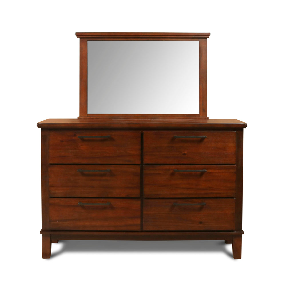 The Cagney Two-Piece Dresser and Mirror Set in Chestnut Brown offers a blend of durability, elegance, and practicality, making it a timeless addition to any bedroom. Crafted from solid Rubberwood, premium engineered woods, and authentic Acacia wood veneer