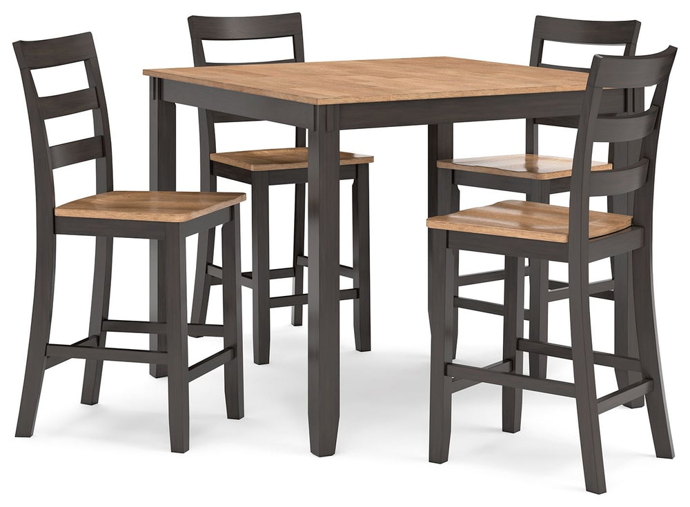 Who says a simple design can-'t be eye-catching? This counter height dining table with bar stools has a casually cool style, yet it still turns heads. The two-tone table and bar stools are effortlessly handsome. And the ladderback bar stools cater to your