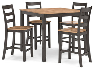 Who says a simple design can-'t be eye-catching? This counter height dining table with bar stools has a casually cool style, yet it still turns heads. The two-tone table and bar stools are effortlessly handsome. And the ladderback bar stools cater to your