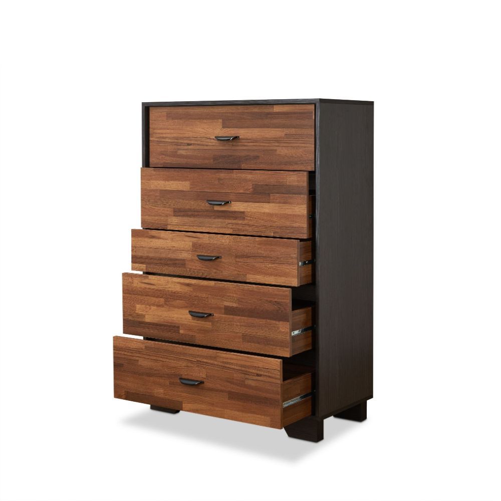 This beautiful Eloy chest of drawers boasts of contemporary style, five drawers with metal drawer handles. Crafted with multi shades of walnut and espresso, the raw wood texture enhances this dresser-'s sleek style and the drawers provide plenty of storag