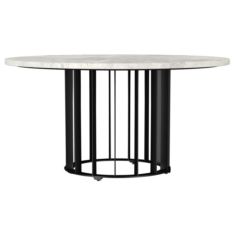 This round coffee table showcases a perfect blend of modern design and functionality with a 31-inch diameter genuine marble top and sturdy iron base. The bold, open vertical rod design gives the table a striking yet minimalist appeal. Its spacious marble 