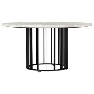 This round coffee table showcases a perfect blend of modern design and functionality with a 31-inch diameter genuine marble top and sturdy iron base. The bold, open vertical rod design gives the table a striking yet minimalist appeal. Its spacious marble 