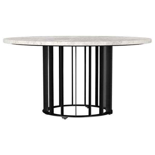 This round coffee table showcases a perfect blend of modern design and functionality with a 31-inch diameter genuine marble top and sturdy iron base. The bold, open vertical rod design gives the table a striking yet minimalist appeal. Its spacious marble 
