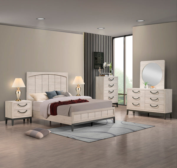 Experience the blend of minimalism and elegance with this chic bedroom ensemble. Crafted with a light and airy finish, it creates an inviting atmosphere while the sleek lines and subtle contrasts in color emphasize a modern aesthetic. Each piece showcases
