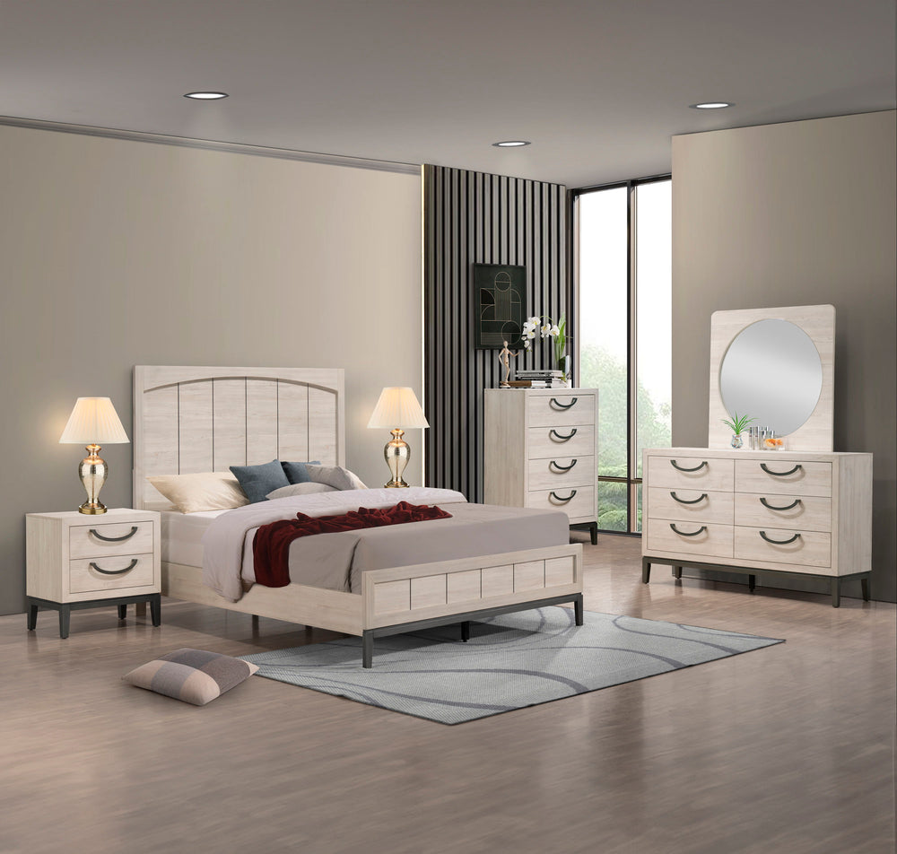 Experience the blend of minimalism and elegance with this chic bedroom ensemble. Crafted with a light and airy finish, it creates an inviting atmosphere while the sleek lines and subtle contrasts in color emphasize a modern aesthetic. Each piece showcases