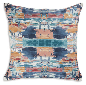This accent pillow puts a contemporary spin on abstract style. Well-suited for bringing color to neutral spaces, its cool shades of blue are brightened by pops of gold, pink and white. And when youâ€™re ready for a refresh, the cover unzips for easy machi
