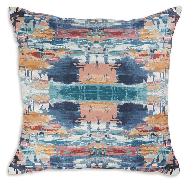 This accent pillow puts a contemporary spin on abstract style. Well-suited for bringing color to neutral spaces, its cool shades of blue are brightened by pops of gold, pink and white. And when youâ€™re ready for a refresh, the cover unzips for easy machi