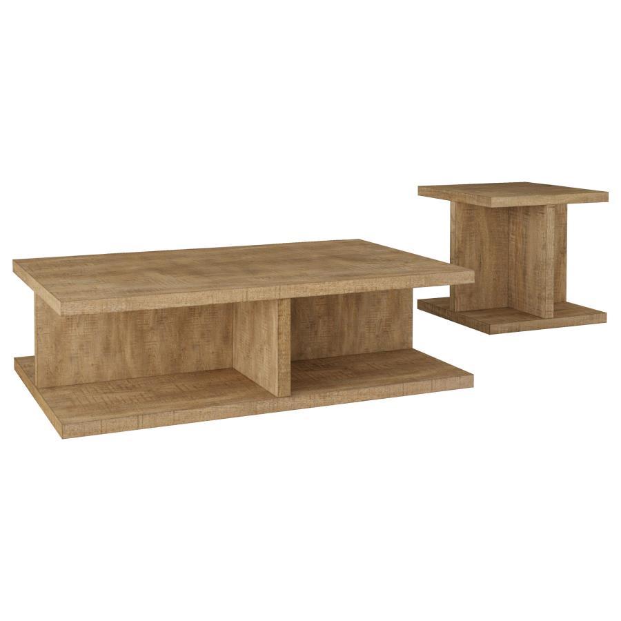 Infuse your living room with warmth and rustic charm using this coordinated set of coffee and end tables. Crafted from engineered wood and finished in a rich mango tone, these tables blend durability with timeless aesthetics. The scratch-resistant laminat