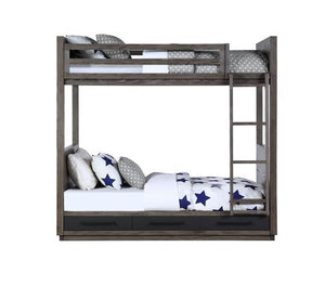  this twin over twin bunk bed is a perfect choice. The gray oak finish i