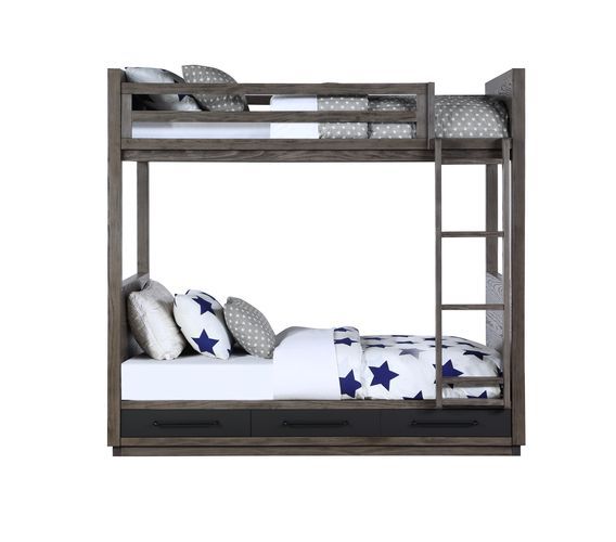  this twin over twin bunk bed is a perfect choice. The gray oak finish i