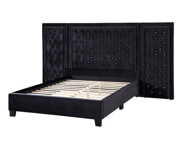  the Damazy bed will become the focal point of any bedroom. The headboard features silver nailhead trim to frame in the crystal-like button tufting. The glimmering crystals give this bed the right hint of glamour. This Damazy b