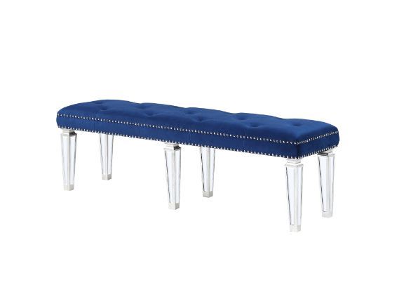 KD, Armless Bench (Backless) Stationary Seat: Standard Dining Height Padded SEAT: Blue Velvet w/Crystal-like Button Tufted (Padded Apron w/Nail-head Trim) Backless (SC) Beveled-Mirrored Tapered Leg Armless<br/><br/><b>Product Features</b><ul><li>Case: 1Pc