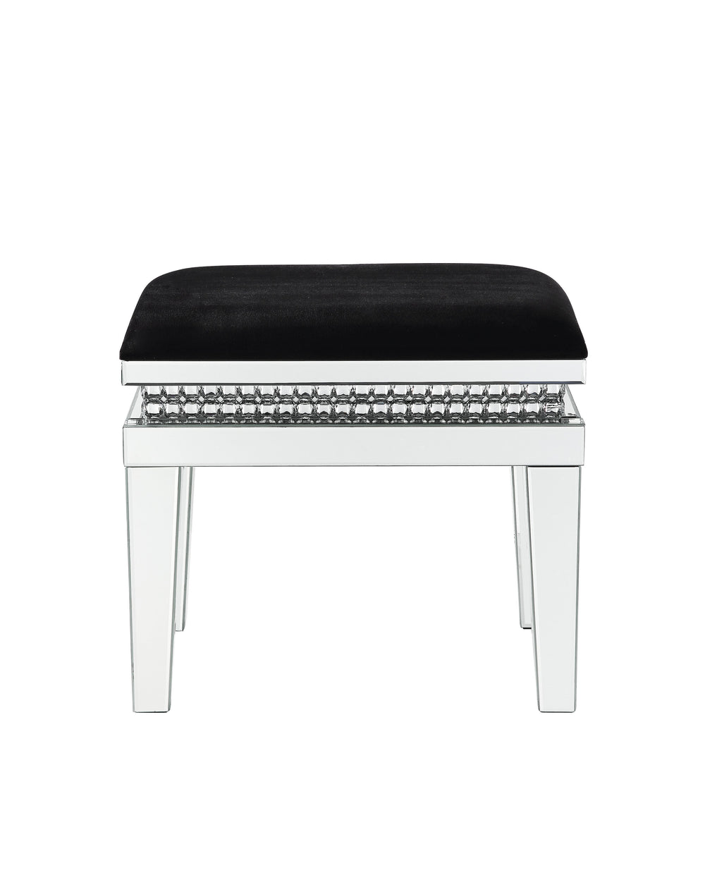 Shining in the Hollywood glamour style, the Lotus Vanity Stool will be an ultimate statement piece for your dreamy dressing room. Mirrored taperd legs and aprons are characterized by reflective surface, with decorative faux crystals enhancing its modern d