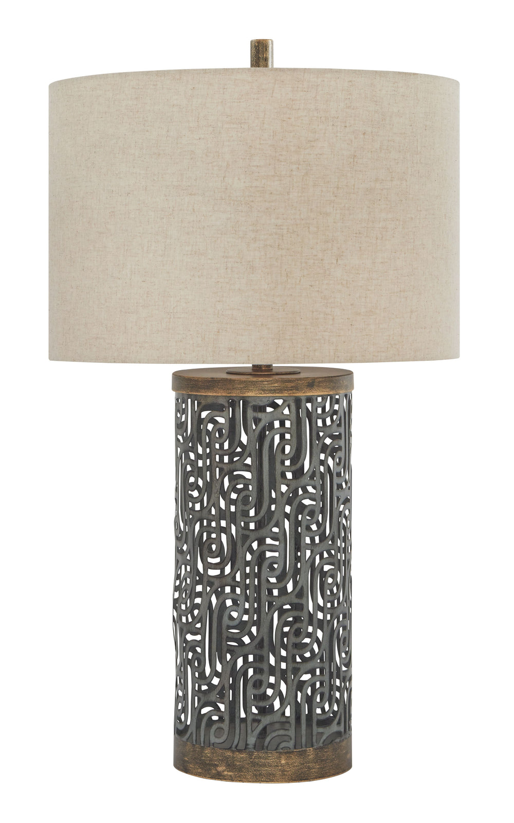 The open concept swirls of this table lamp bring presence and intrigue to any room. Antique gray and gold finished metal contrast beautifully against the light drum shade. Surely, this is contemporary style fully realized.<br><br><b>Additional Dimensions<