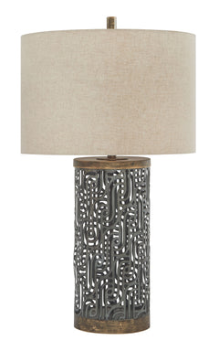 The open concept swirls of this table lamp bring presence and intrigue to any room. Antique gray and gold finished metal contrast beautifully against the light drum shade. Surely, this is contemporary style fully realized.<br><br><b>Additional Dimensions<
