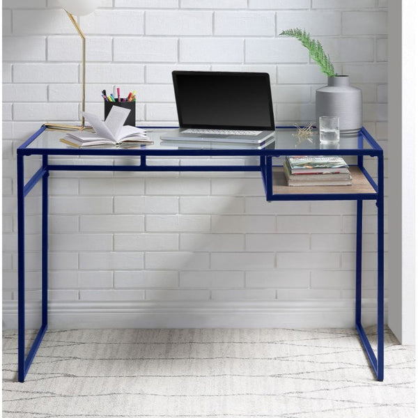 KD, Rectangular Writing Desk () â€¢ Storage: Open Compartment (Wooden Shelf, Fixed) â€¢ Glass Top (Back Open) â€¢ Metal Sled Base (Back Open) â€¢â€¢ CONSTRUCTION â€¢â€¢ Glass Top: 5mm Clear â€¢ Metal Frame: Metal Tube (Steel), 1mm â€¢ [Not Included: Cord 