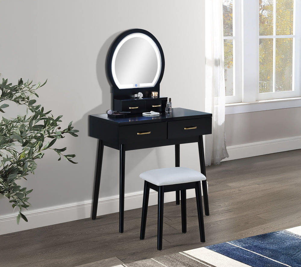 Create a chic and functional centerpiece for your bedroom or dressing area with this elegant vanity set. The sleek, black finish exudes modern sophistication, while the gold-accented handles add a touch of luxury. The built-in LED-lit mirror provides opti
