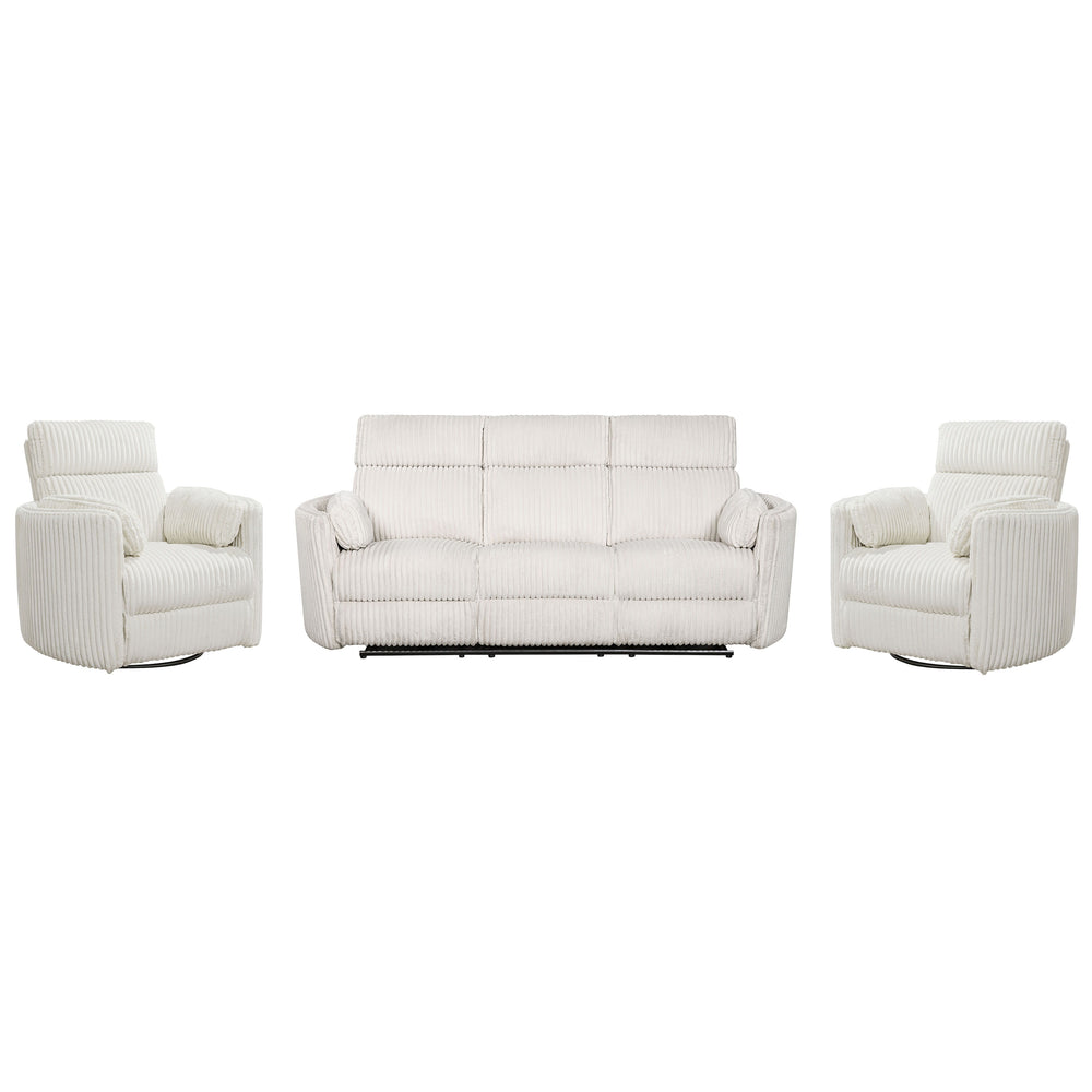 Perfect for relaxing at the end of a long day, this Power Sofa, Loveseat, and Glider-Recliner set features smooth power reclining for ultimate comfort.<br/><br/><b>Product Features</b><ul><li>Frame and wrapped in 100% polyester fabric</li><li>Curved arms<
