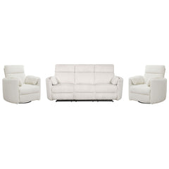Perfect for relaxing at the end of a long day, this Power Sofa, Loveseat, and Glider-Recliner set features smooth power reclining for ultimate comfort.<br/><br/><b>Product Features</b><ul><li>Frame and wrapped in 100% polyester fabric</li><li>Curved arms<