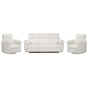Perfect for relaxing at the end of a long day, this Power Sofa, Loveseat, and Glider-Recliner set features smooth power reclining for ultimate comfort.<br/><br/><b>Product Features</b><ul><li>Frame and wrapped in 100% polyester fabric</li><li>Curved arms<