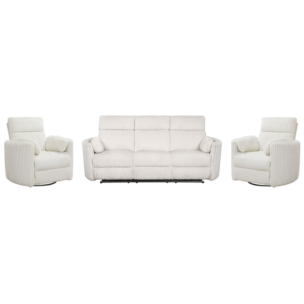 Perfect for relaxing at the end of a long day, this Power Sofa, Loveseat, and Glider-Recliner set features smooth power reclining for ultimate comfort.<br/><br/><b>Product Features</b><ul><li>Frame and wrapped in 100% polyester fabric</li><li>Curved arms<
