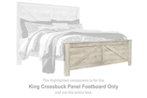 This king crossbuck panel footboard is made with engineered wood (MDF/particleboard/plywood) and decorative laminate. Pairs with other items in the series to make a bed kit.<br><br><b>Additional Dimensions</b><br><ul><li>Assembled king bed: 0-"</li></ul><
