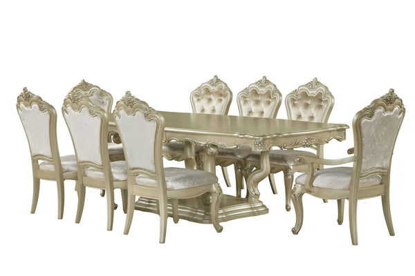 The Monique Dining Table in Champagne is the epitome of luxury and classic elegance. This beautifully crafted table includes a refined dining table top and a sturdy base, both constructed from poplar solids and birch veneers for lasting durability. Reflec
