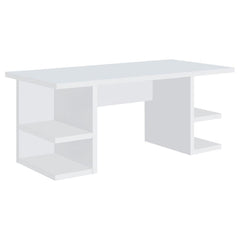Enhance your workspace with this modern writing desk, featuring a sleek white finish and a spacious design for maximum functionality. The clean-lined silhouette offers a contemporary touch, while four open shelves provide ample storage for books, office s