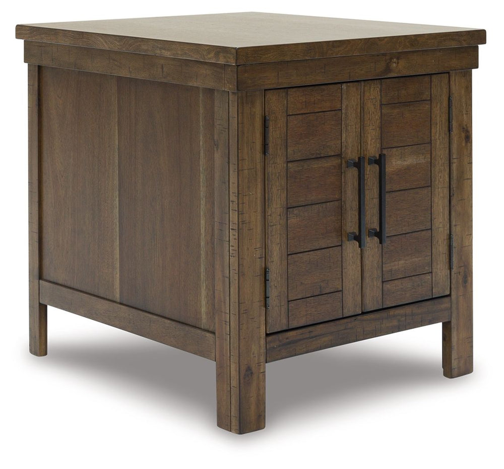 This end table might appear simple at first sight. But a closer look reveals beauty in the details. With plank-effect cabinet doors, a tobacco brown finish and antiqued bronze-tone hardware, itâ€™s simply beaming with charm. This side table-'s mix of cabi