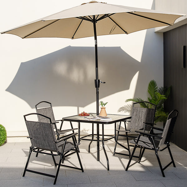 Spacious enough for 4 people to relax together<br>Tempered glass tabletop is elegant and easy to maintain<br>Heavy-duty metal frame offers strong support<br>Curved legs for higher stability<br>1.5" umbrella hole is perfect for most patio umbrellas<br>Suit