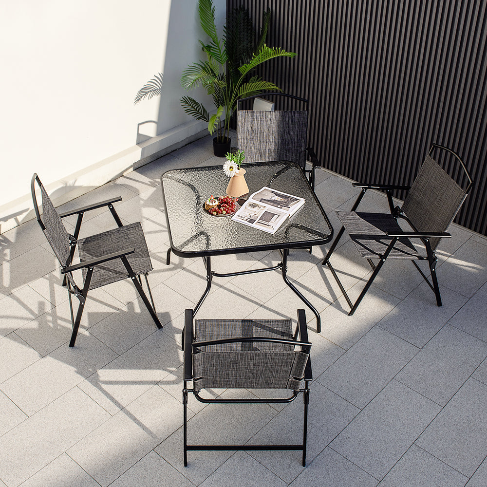 Spacious enough for 4 people to relax together<br>Tempered glass tabletop is elegant and easy to maintain<br>Heavy-duty metal frame offers strong support<br>Curved legs for higher stability<br>1.5" umbrella hole is perfect for most patio umbrellas<br>Suit